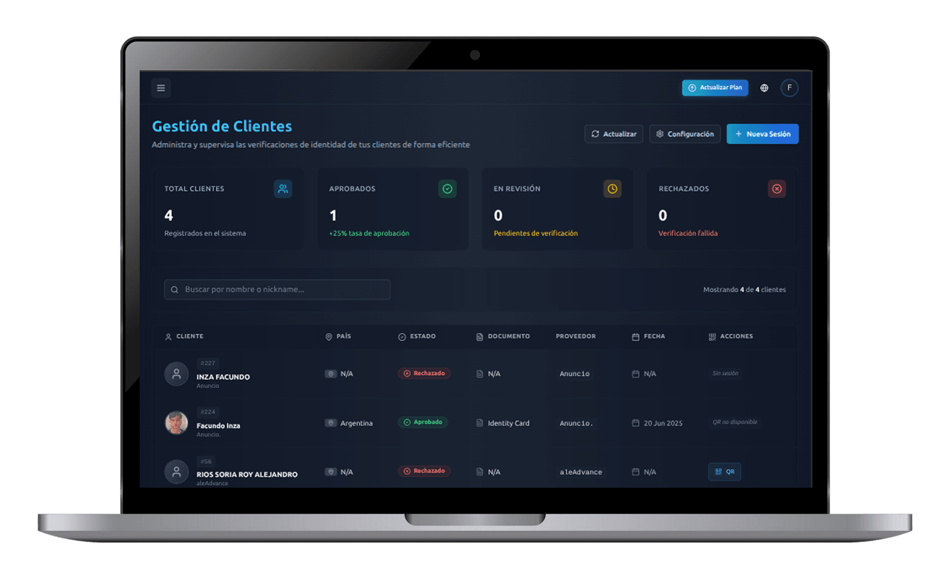 Gestión de Clientes KYC Dashboard - Sistema de verificación automática