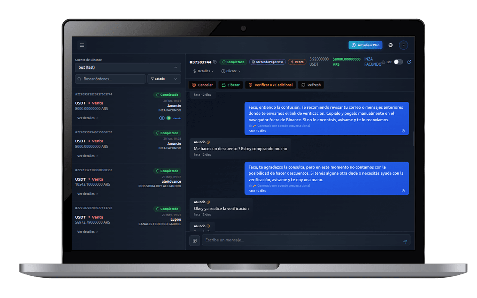 Chats Centralizados Dashboard - Gestión multicuenta de chats P2P Binance